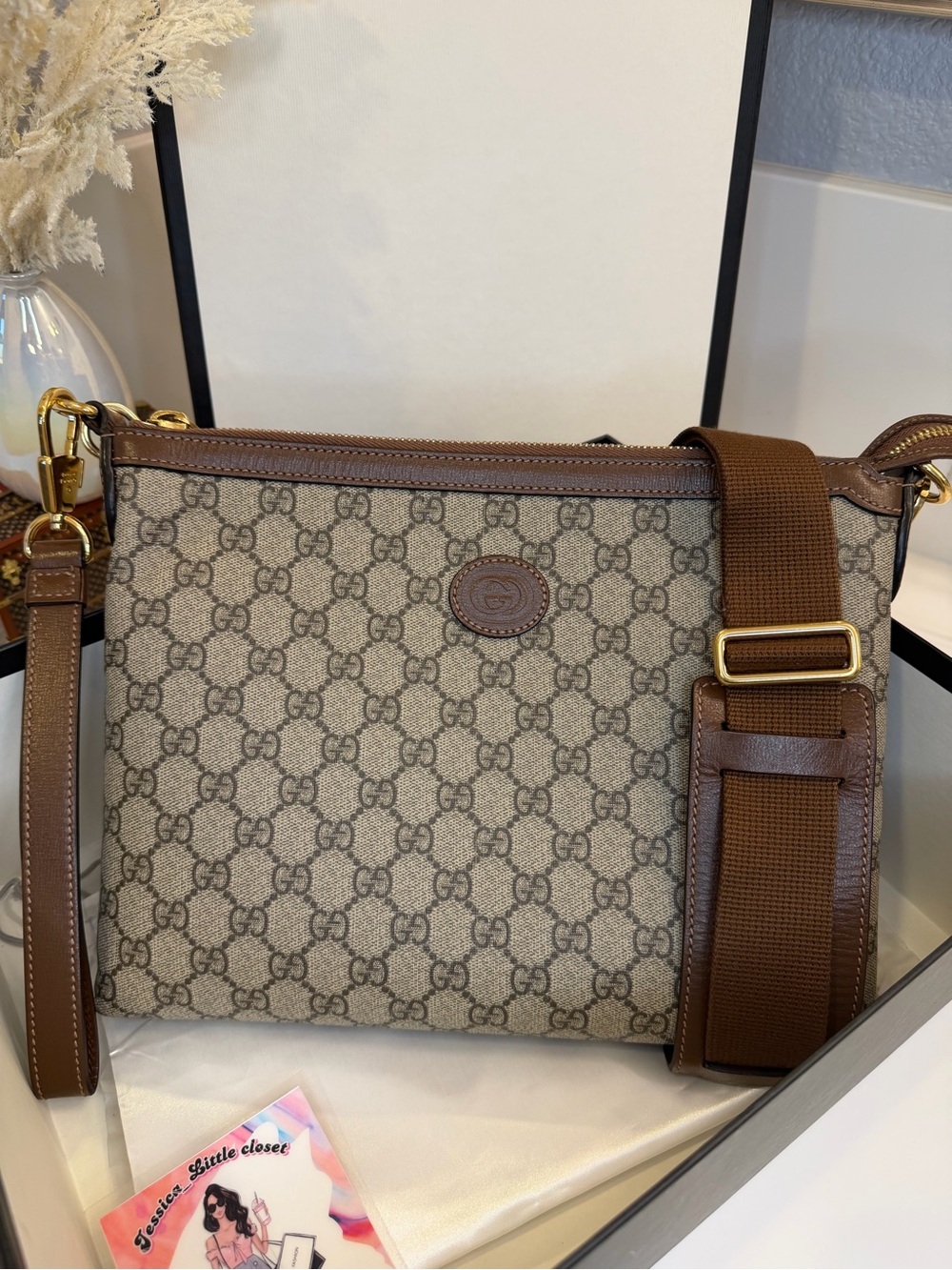 🎀Gucci GG Supreme Monogram Azalea Calfskin Retro Interlocking G Wristlet Messeng